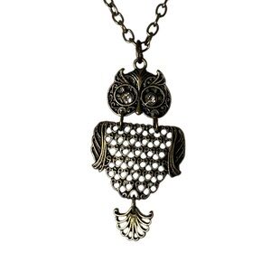 Articulated Bronze Tone Owl Pendant on Gold Tone Chain Sequin Eyes